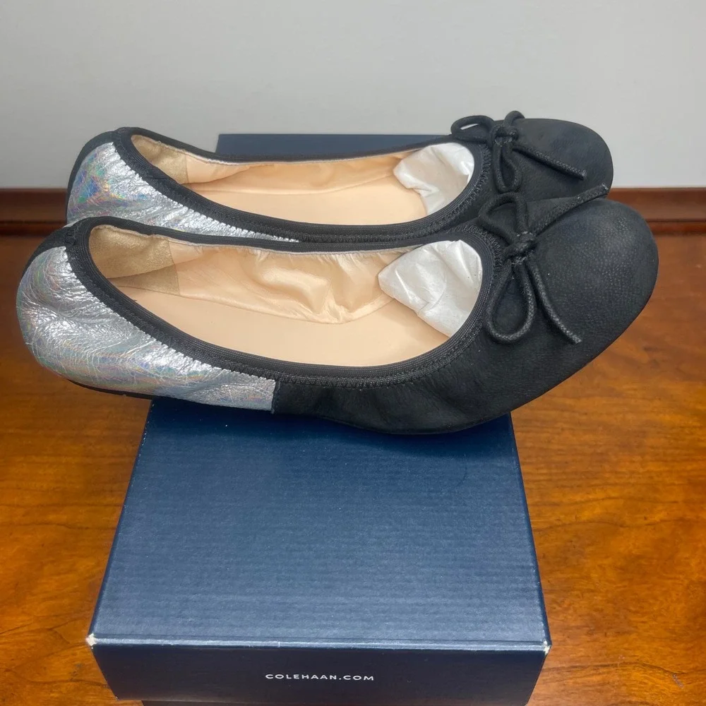 Cole‎ Haan Manhattan Demi Ballet Flats Black Silver Metallic Casuals Womens 5.5B